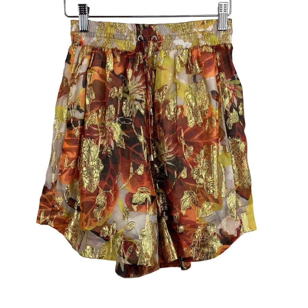 Topshop Floral Metallic Shorts Size 4 Floral Jaquard Silk Lined‎ Stretch Waist
